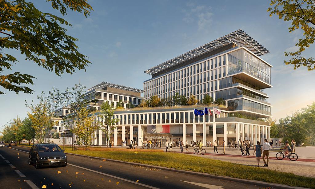 Perspective du projet du Bâtiment de la Cité administrative de Lille, en bâtiment exemplaire en termes de performance environnementale, de confort et de bien-être au travail.