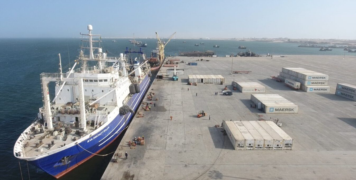 Vue du déchargement d’un navire de pêche et du stockage de conteneurs reefers au sein du Port Autonome de Nouadhibou en Mauritanie