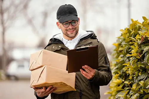 Un livreur porte des cartons à livrer en milieu urbain.