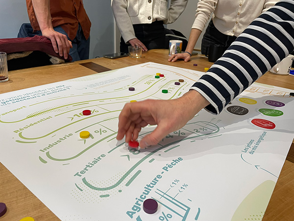 Partie de jeu les Parcours de l'énergie avec un focus sur le plateau et ses jetons